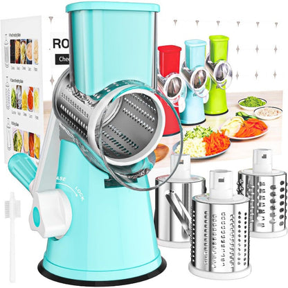 Râpe à fromage rotative manuelle avec 3 lames interchangeables - Base à ventouse antidérapante, brosse de nettoyage incluse, pour fromage frais, légumes et noix, cadeau d'ustensile de cuisine