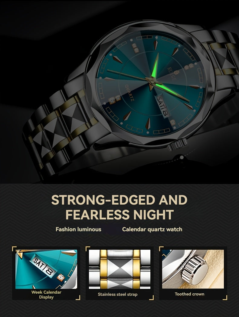 Montre à quartz pour homme RUIGE – Veilleuse, double calendrier, cadran à facettes façon diamant, boîtier en acier inoxydable, bracelet en alliage, montre-bracelet business décontracté, cadeau idéal pour la fête des pères