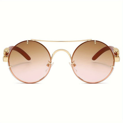 Lunettes de soleil rondes à monture en métal avec verres dégradés pour hommes et femmes – Luxe, double pont, détails léopard sur les charnières, verres en polycarbonate dégradés, étui inclus, style chic pour les vacances et la ville