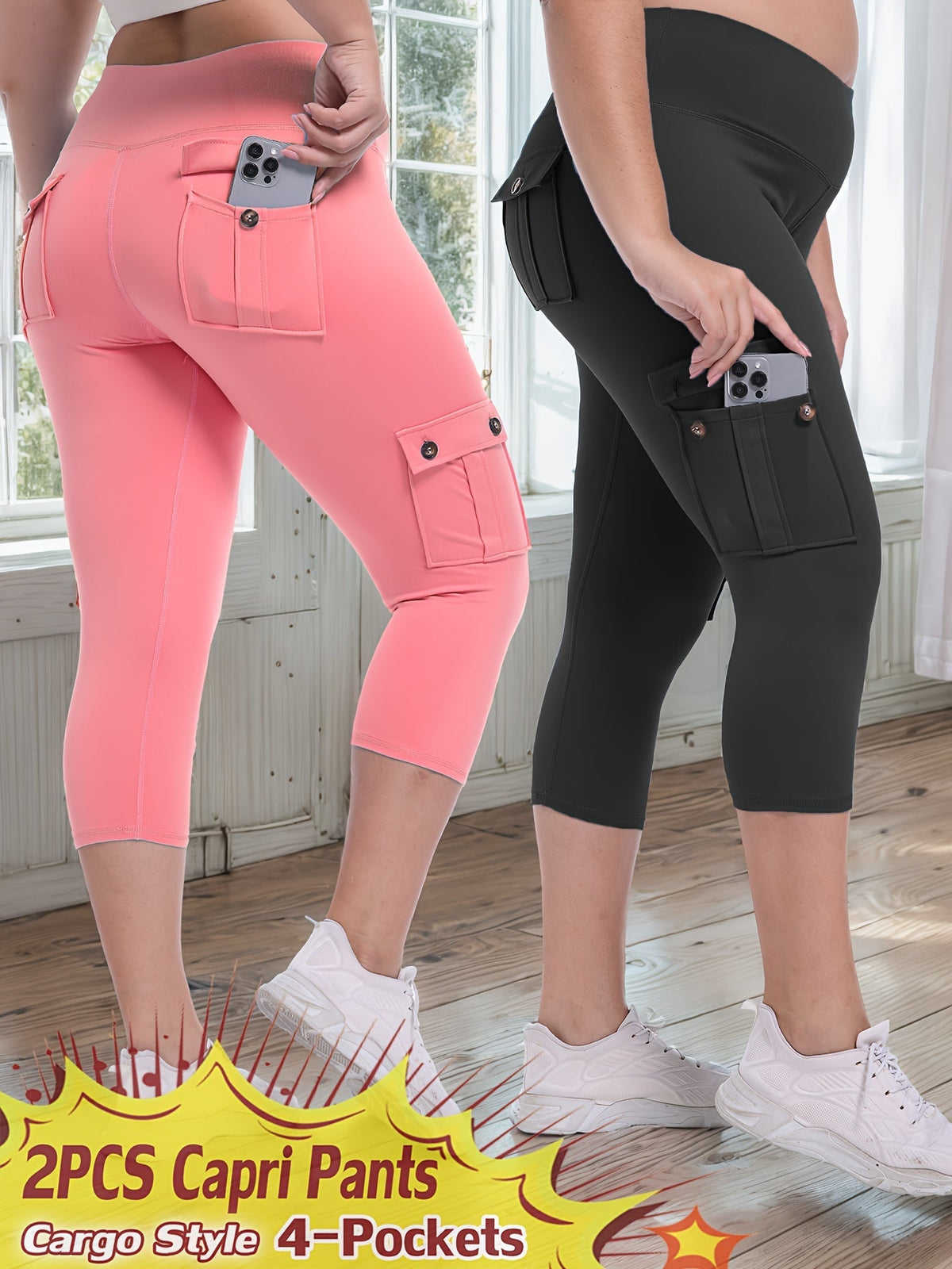 Pantalon de yoga Capri taille haute, lot de 2 – Legging en élasthanne extensible dans les 4 sens, gainant et galbant, avec 4 poches, pantacourt de sport pour femme, 9 ensembles de couleurs, tailles S à XXL
