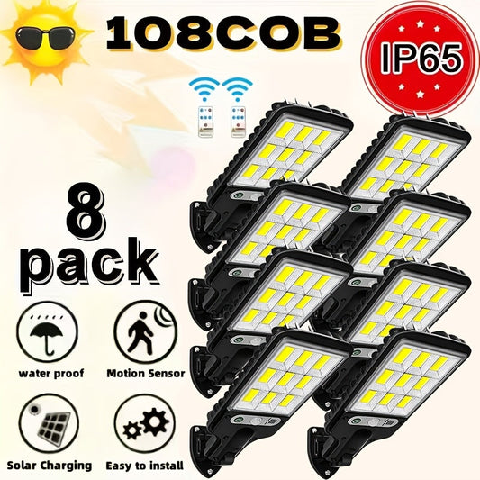 Applique murale de sécurité solaire 108 COB LED avec détecteur de mouvement et télécommande – 3 modes de fonctionnement, projecteur extérieur étanche pour jardin, terrasse, porche, porte de garage – Lot de 2/4/6/8, cadeau de fête