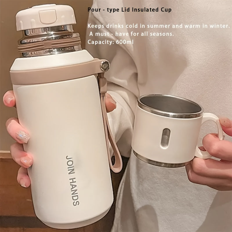 Gobelet isotherme en acier inoxydable de 600 ml, double paroi sous vide, couvercle étanche avec poignée, brosse de nettoyage incluse, pour boissons chaudes et froides, voyage, bureau, salle de sport, bouteille d'eau extérieure, 20 oz
