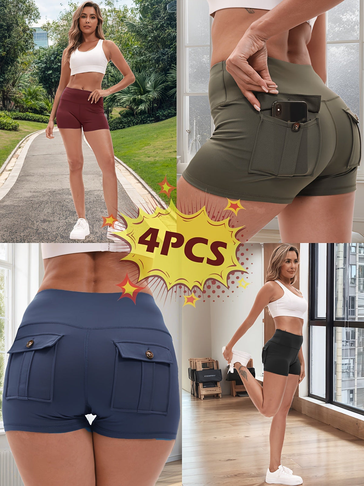 Ensemble de 4 shorts de yoga ultra-extensibles pour femmes – Shorts de fitness galbants à séchage rapide avec taille élastique et 2 poches, short de sport uni pour la gym, la course et le Pilates, S-XXL