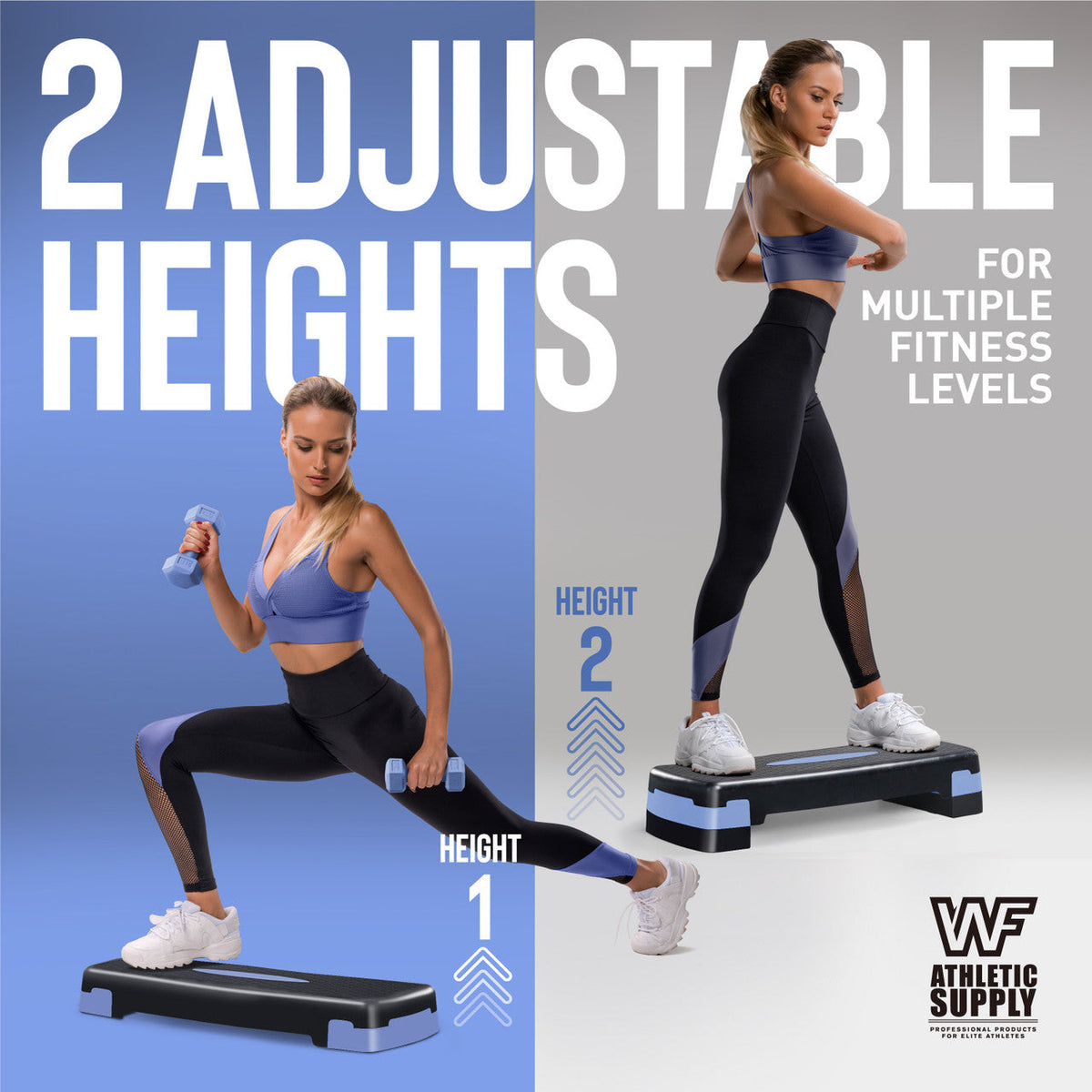 Set de step aérobic avec 2 haltères et ruban à mesurer – Plateforme de step ajustable en hauteur (10-15 cm), antidérapante, capacité de 250 kg, cadeau pour entraînement à domicile, bleu, vert, rose