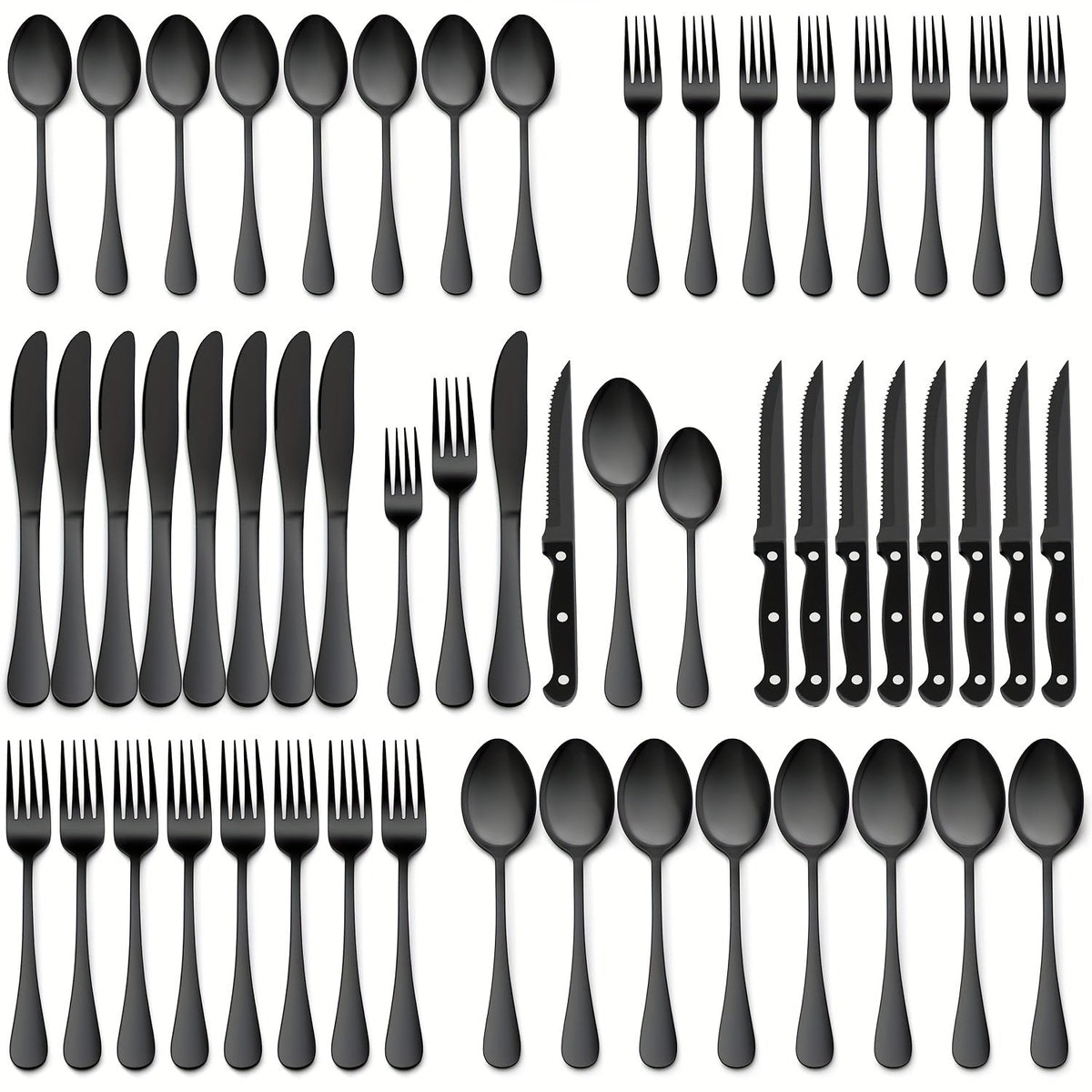 Service de couverts 48 pièces avec couteaux à steak pour 8 personnes – Ménagère en acier inoxydable 304, finition miroir, lavable au lave-vaisselle, cuillères, fourchettes, couteaux, argenté noir