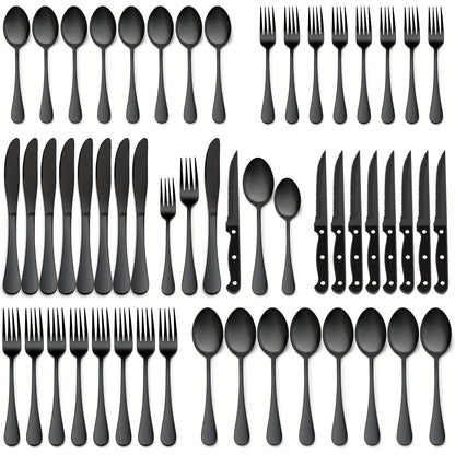 Service de couverts 48 pièces avec couteaux à steak pour 8 personnes – Ménagère en acier inoxydable 304, finition miroir, lavable au lave-vaisselle, cuillères, fourchettes, couteaux, argenté noir
