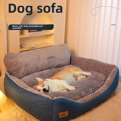 Canapé-lit de luxe en peluche pour animaux avec dossier haut – Panier pour chiens et chats épais, chaud et lavable, confort toutes saisons, housse facile à nettoyer, tailles S L XL, bleu gris