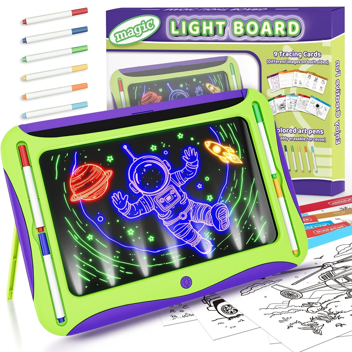 Tablette à dessin lumineuse LED pour enfants de 3 à 8 ans – Kit d’art phosphorescent avec 9 cartes recto-verso et 6 marqueurs, jouet éducatif de voyage, cadeau d'anniversaire et de Noël pour filles et garçons