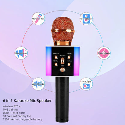 Microphone karaoké sans fil 5-en-1 avec haut-parleur intégré, lumières LED et changeur de voix – Micro de chant Bluetooth portable pour fêtes, réunions de famille, voyages et activités en plein air, 10 couleurs