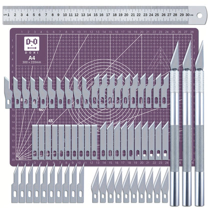 Kit de découpe de précision Exacto de 65 pièces avec tapis de découpe A4 – Ensemble de couteaux de précision avec lames et règles de découpe pour modélisme papier, loisirs créatifs, scrapbooking, art et carterie