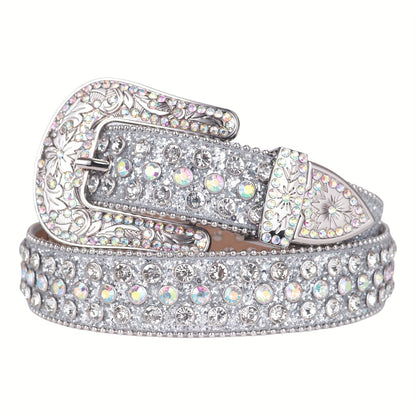 Ceinture à strass pour femme – Ceinture de luxe étincelante avec boucle sculptée cloutée de cristaux, style cow-girl, cowboy ou punk pour jeans, tailles S-2XL, ceinture tendance pour femme, cadeau pour elle