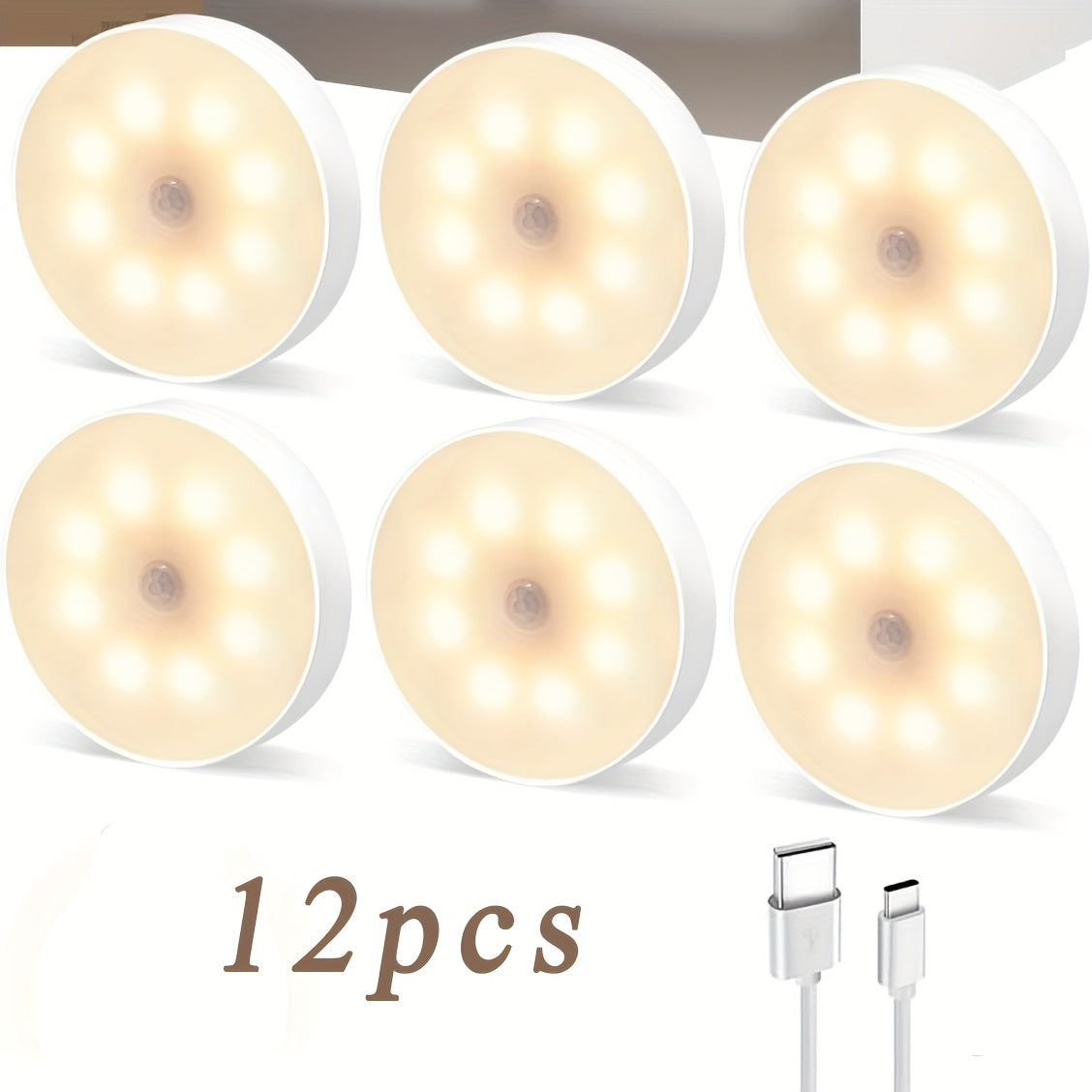 Veilleuses LED à détecteur de mouvement, rechargeables par USB, sans fil, mode double, luminosité réglable, fixation magnétique, éclairage sous meuble pour cuisine, couloir, escaliers, placard, lot de 6 ou 12