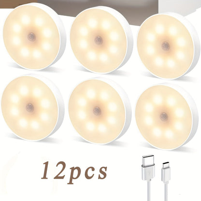 Veilleuses LED à détecteur de mouvement, rechargeables par USB, sans fil, mode double, luminosité réglable, fixation magnétique, éclairage sous meuble pour cuisine, couloir, escaliers, placard, lot de 6 ou 12