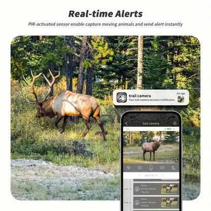Caméra de chasse 4G sans Wi-Fi 2K 1440P à énergie solaire – Carte SIM intégrée, vision nocturne 23 m, déclenchement 0,2 s, batterie 7800 mAh, caméra de surveillance et de chasse extérieure sans fil pour zones isolées