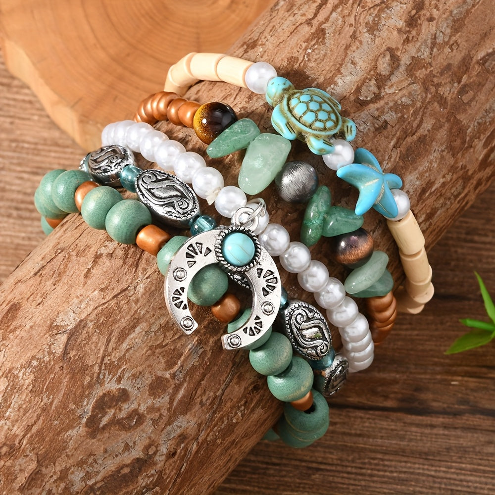 Lot de 40 bracelets bohèmes faits main en perles de bois et pierre turquoise – Couleurs mélangées, pendentif en alliage de zinc, bracelets empilables style vintage pour femmes et hommes, cadeau pour couples et fêtes