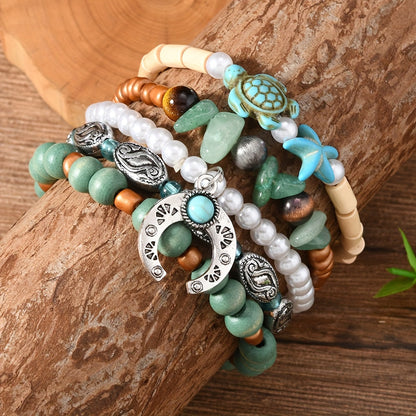 Lot de 40 bracelets bohèmes faits main en perles de bois et pierre turquoise – Couleurs mélangées, pendentif en alliage de zinc, bracelets empilables style vintage pour femmes et hommes, cadeau pour couples et fêtes