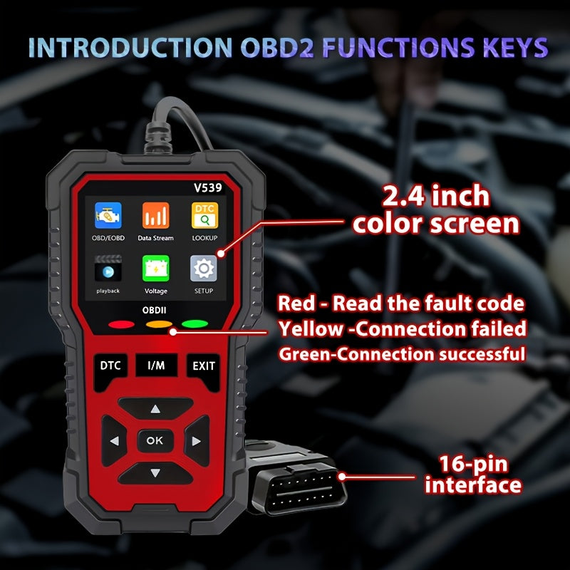 Scanner OBD2 V539 – Lecteur de code moteur complet avec 6 modes de réinitialisation, test de tension de batterie, lit et efface les codes sans batterie – Compatible avec tous les véhicules OBD2/EOBD de 1996 et plus récents