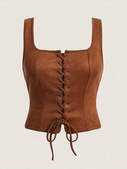 Gilet vintage à lacets avec cordon de serrage pour femme, haut tissé élégant, chemisier sans manches, printemps, été, automne, vert kaki, S M L XL