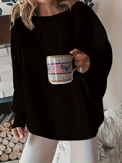 Women's Oversized Cable Knit Pullover Sweater Round Neck Long Sleeve Loose Cozy Chunky Knit Top for Fall Winter Casual White Grey Black