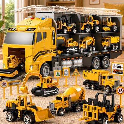 Ensemble de 13 véhicules de chantier avec camions moulés sous pression, tapis de jeu et transporteur – Coffret de jeu pour enfants de 3 ans et plus, cadeau idéal pour Noël et les anniversaires