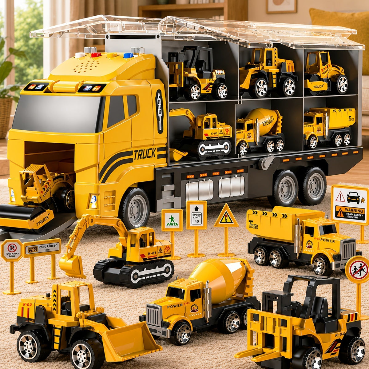 Ensemble de 13 véhicules de chantier pour enfants de 3 ans et plus – Voitures moulées sous pression, tapis de jeu et camion de transport, effets sonores, cadeau d'anniversaire ou de Noël (accessoires aléatoires)