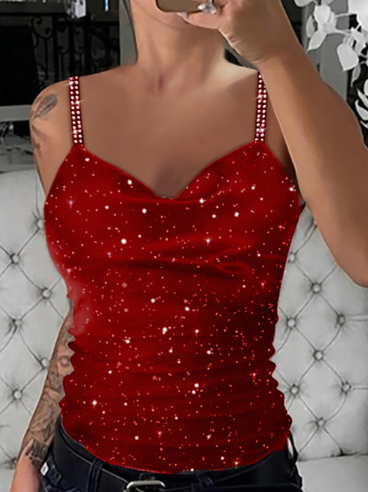 Women's Sequin Rhinestone Strap Cami Top Sexy V-Neck Sleeveless Tank Top Glam Party Night Out Going Out Tops Spring Summer Fall S M L XL XXL