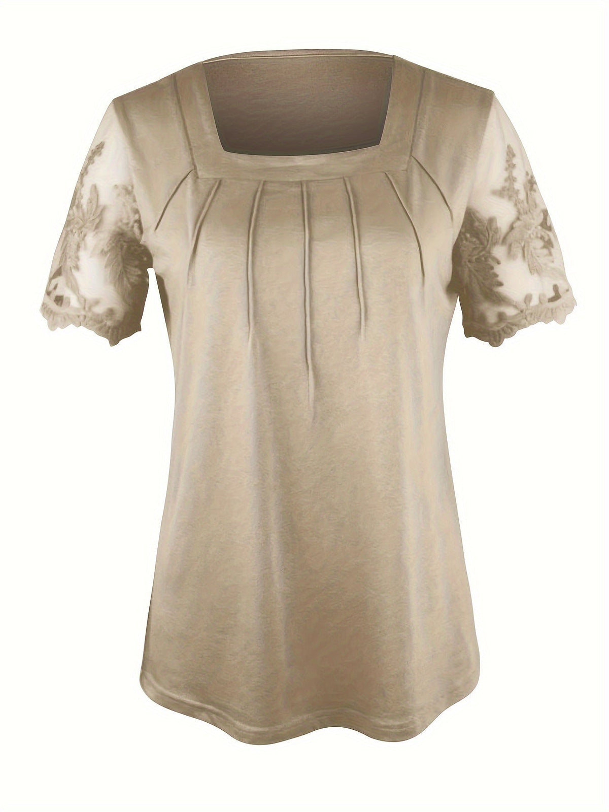 Haut à col carré et manches courtes pour femme – Tunique en dentelle brodée à motif maillé de couleur unie, chemisier élégant et décontracté pour l'été, tailles S-XXL, kaki