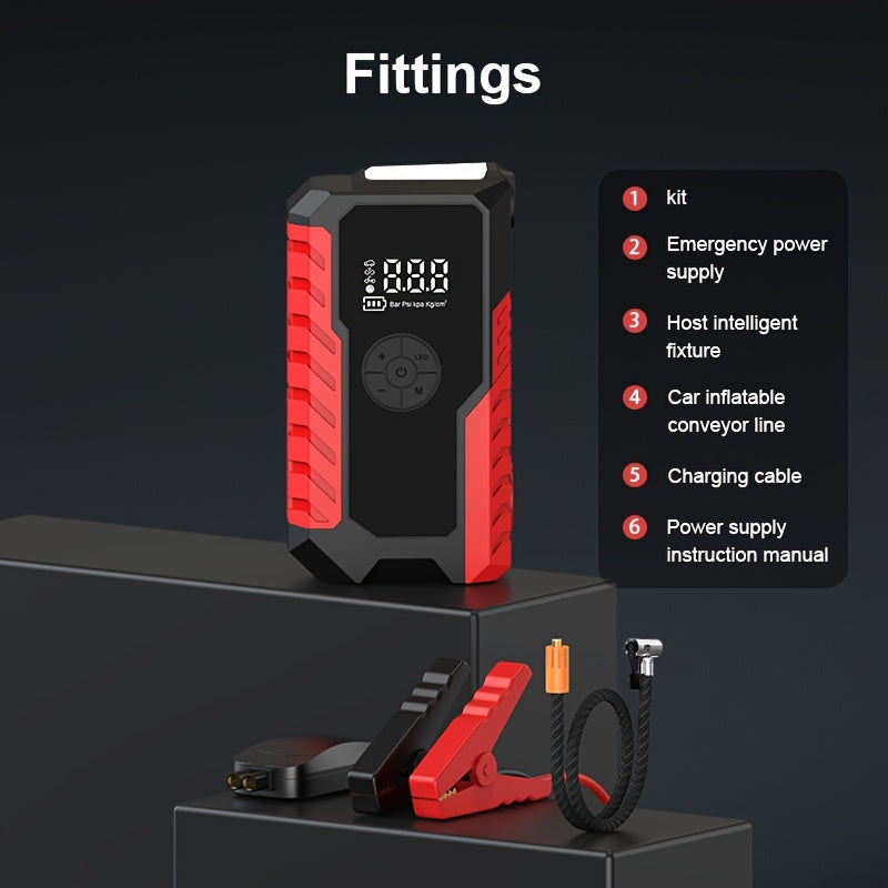 Démarreur de batterie portable 5000A avec compresseur d'air 150 PSI – Booster de batterie tout-en-un 10000mAh, port Type-C, lampe LED pour voitures essence et diesel 12V, camions, SUV et motos