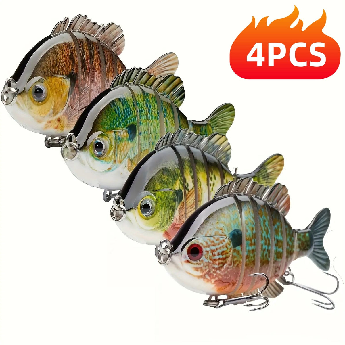 Lot de 4 leurres de pêche articulés Swimbait – Appât de surface rigide réaliste type perche avec hameçons triples, 8,9 cm / 24 g, leurres réalistes type crapet et poisson-soleil pour la pêche au bar en eau douce et en eau salée