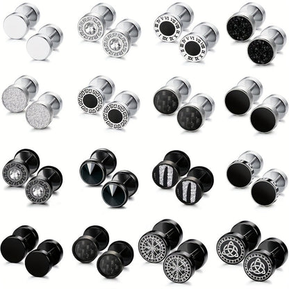 Lot de 16 fausses boucles d'oreilles écarteurs pour hommes et femmes – Clous d'oreilles style plug en acier inoxydable 316L, 8 mm, styles variés noirs et argentés, ensemble de boucles d'oreilles hypoallergéniques, idéal pour un cadeau