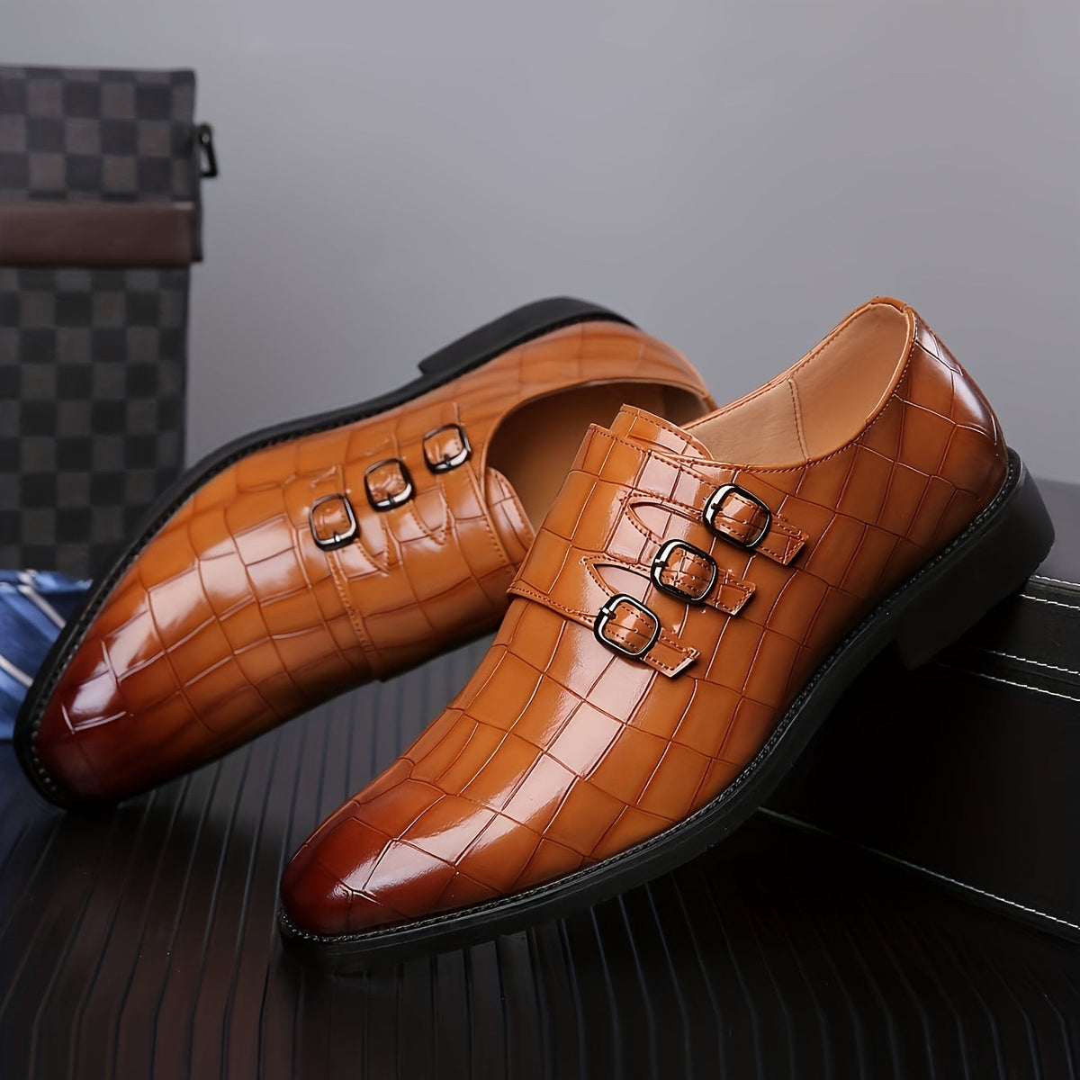 Chaussures habillées à double boucle pour homme, texture façon pierre, mocassins à enfiler – Style Oxford élégant et tendance pour le travail, les mariages et les grandes occasions, tailles US 6 à 12,5