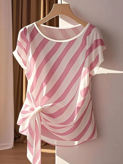Chemisier sans manches pour femme style français à rayures avec nœud - Haut semi-transparent à col rond, idéal pour le printemps, l'été et l'automne, chic et décontracté | Haut pour femme au design élégant d'inspiration française, lavable en machine