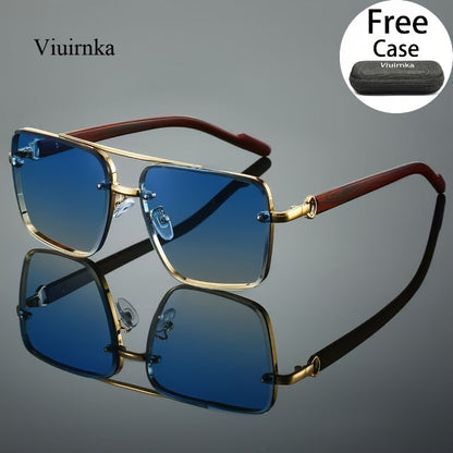 Lunettes de soleil carrées UV400 avec étui pour hommes et femmes – Monture rétro à double pont effet bois, lunettes unisexes style polarisé pour la conduite, les voyages, la plage et le style urbain, 7 couleurs