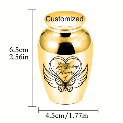 Mini urne funéraire personnalisée pour cendres - Urne souvenir en alliage d'aluminium avec motif cœur, ange et papillon pour cendres humaines et d'animaux, petit reliquaire commémoratif, options de couvercle argent, or ou violet