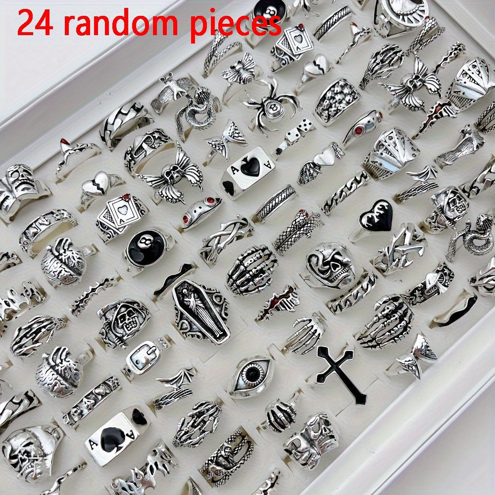 Lot de 24 bagues rétro punk pour hommes et femmes – Style sombre avec araignées, crânes et croix, bagues gothiques vintage, bijoux empilables réglables pour le quotidien, les fêtes, Halloween et comme cadeau
