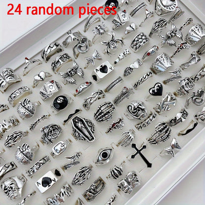 Lot de 24 bagues rétro punk pour hommes et femmes – Style sombre avec araignées, crânes et croix, bagues gothiques vintage, bijoux empilables réglables pour le quotidien, les fêtes, Halloween et comme cadeau