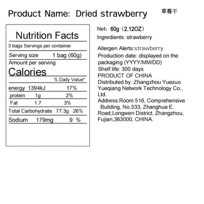 Fraises séchées en collation, lot de 3 sachets, faible teneur en sucre, fruit naturel sans gluten, pour fêtes de bureau et vacances
