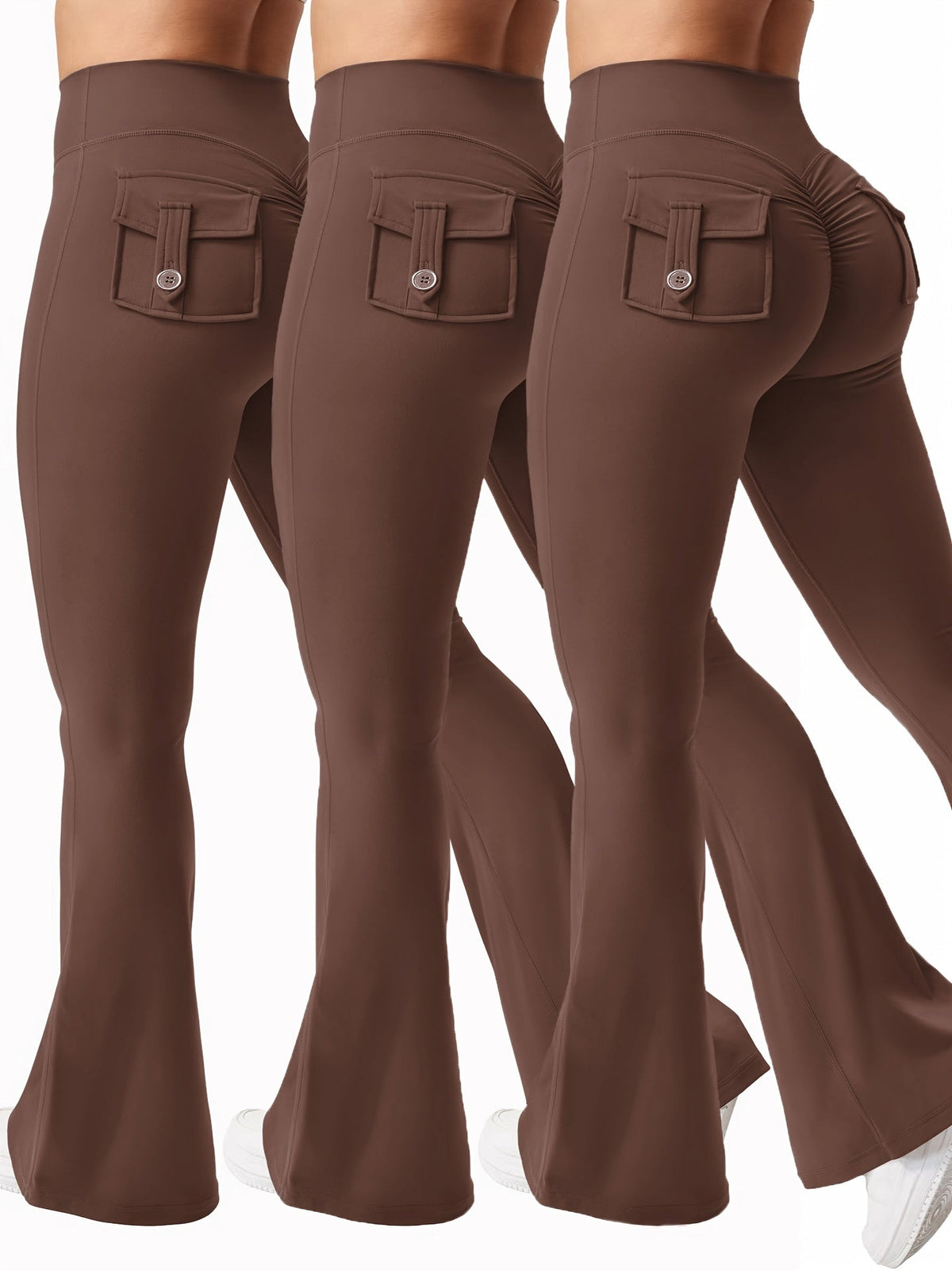 Ensemble 3 pièces pour femme : pantalon de yoga évasé à taille haute avec ceinture et poches, legging galbant effet push-up, squat-proof, 90 % polyester extensible, coupe évasée pour le sport, la gym, la course et le quotidien
