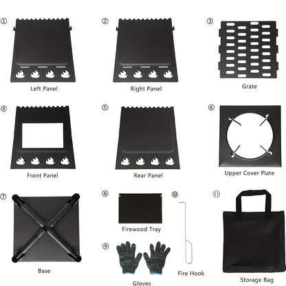 Réchaud de camping portable à bois avec ciseaux barbecue - Poêle de randonnée léger et kit de grill de pique-nique pour le voyage et le camping