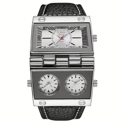 Montre à quartz de sport de luxe pour homme avec affichage double fuseau horaire - Montre-bracelet analogique à aiguilles avec boîtier en alliage, bracelet en similicuir et pile, pour le travail, les loisirs et comme cadeau en plein air