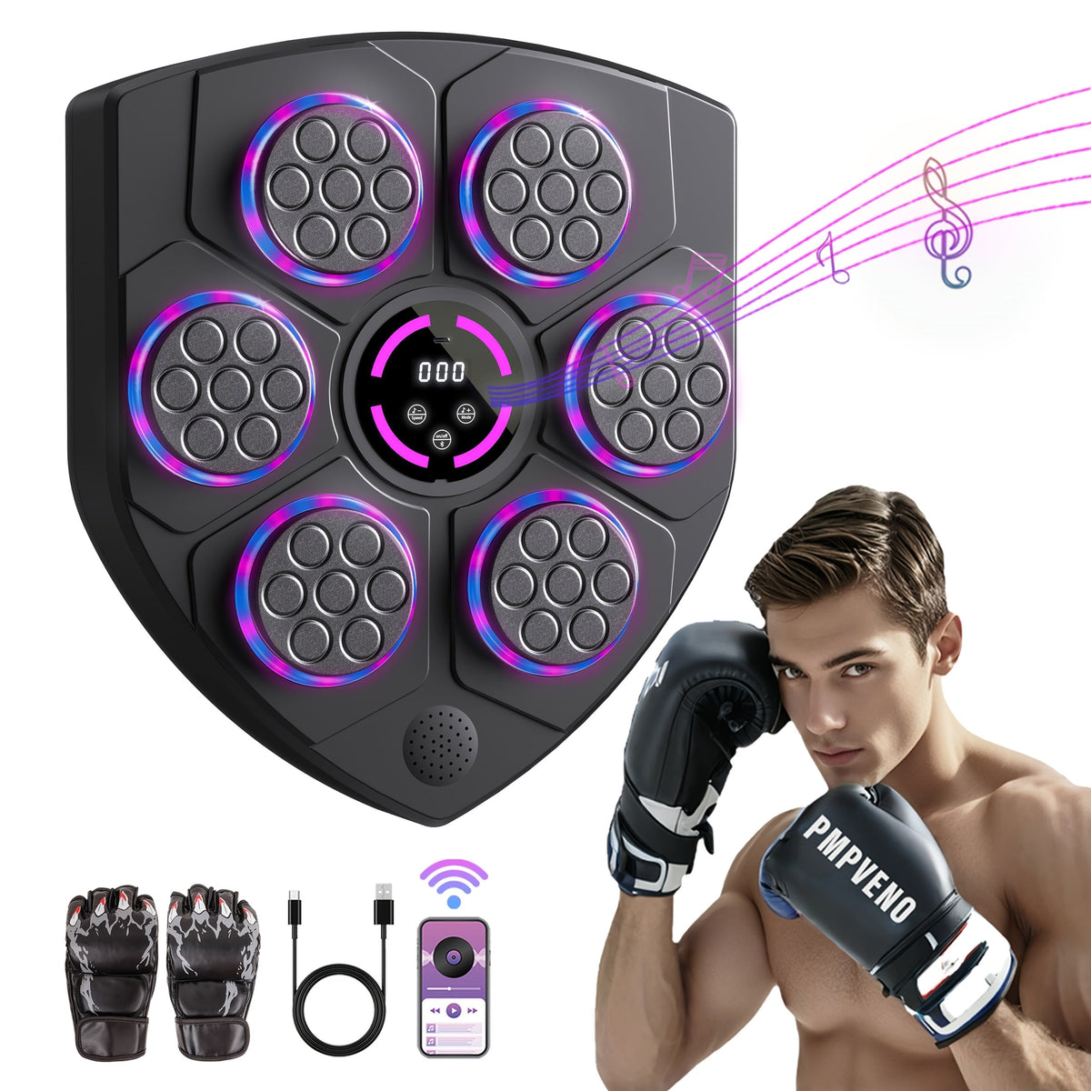 Machine de boxe musicale intelligente, cible de boxe électronique murale avec lumières LED et Bluetooth sans fil pour adultes, équipement d'entraînement de fitness à domicile avec gants de boxe inclus