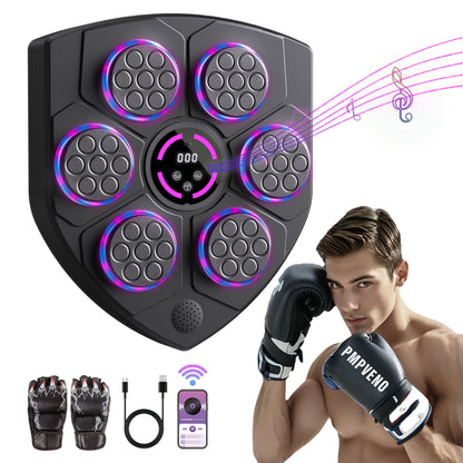 Machine de boxe musicale intelligente, cible de boxe électronique murale avec lumières LED et Bluetooth sans fil pour adultes, équipement d'entraînement de fitness à domicile avec gants de boxe inclus