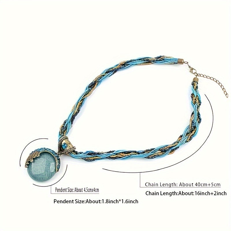 Collier ras-du-cou bohème avec pendentif en turquoise et strass pour femme, bijou vintage à chaîne en corde tressée torsadée, ajustable et imposant