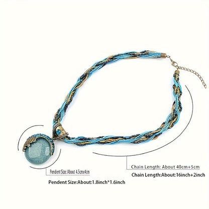 Collier ras-du-cou bohème avec pendentif en turquoise et strass pour femme, bijou vintage à chaîne en corde tressée torsadée, ajustable et imposant