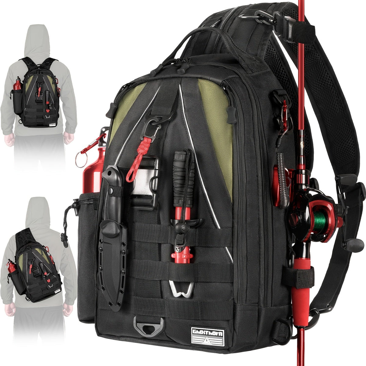Sac à dos de pêche avec porte-canne – Sac bandoulière imperméable pour randonnée, pêche à la mouche, rangement de boîte à pêche, cadeau pour papa pêcheur