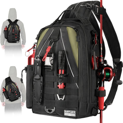 Sac à dos de pêche avec porte-canne – Sac bandoulière imperméable pour randonnée, pêche à la mouche, rangement de boîte à pêche, cadeau pour papa pêcheur