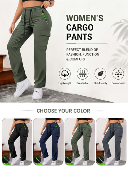 Pantalon cargo multipoches pour femme – Détails zippés vert néon, taille à cordon de serrage, pantalon outdoor pleine longueur pour le voyage, 4 coloris, tailles XS à XXL, streetwear décontracté printemps-automne