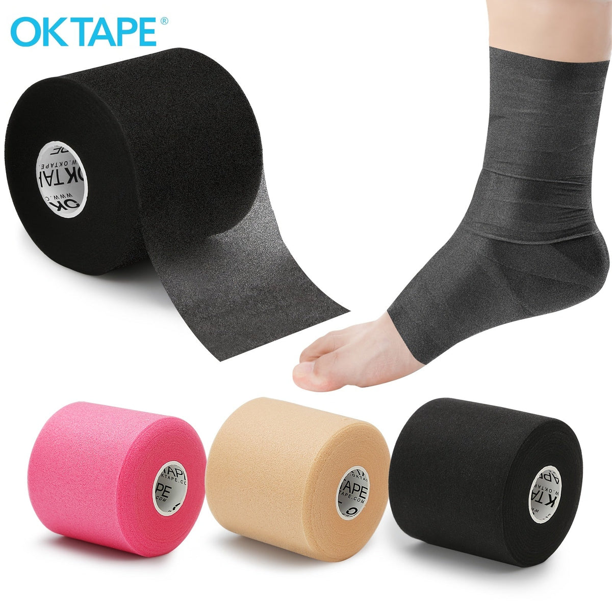 Bande de mousse protectrice (sous-bandage) OK TAPE pour le sport, 4 rouleaux - Protection pour chevilles, poignets, mains et genoux, 7 cm x 27,5 m par rouleau