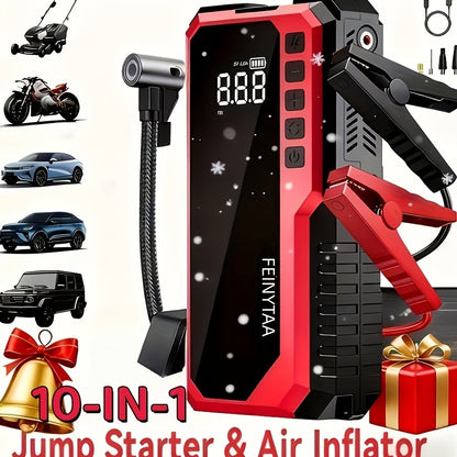 Démarreur avec gonfleur de pneus numérique 5000A/10000A en pic, booster de batterie multifonction pour voiture avec pinces intelligentes, lampe torche LED et batterie externe, kit d'urgence pour voiture, camping-car et moto