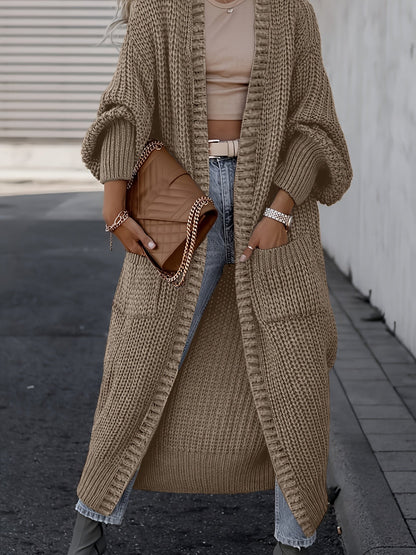 Cardigan long femme à épaules tombantes avec poches, manteau oversize uni à manches longues pour automne-hiver, tailles S M L XL XXL, gris noir abricot camel marine, manteau enveloppant confortable